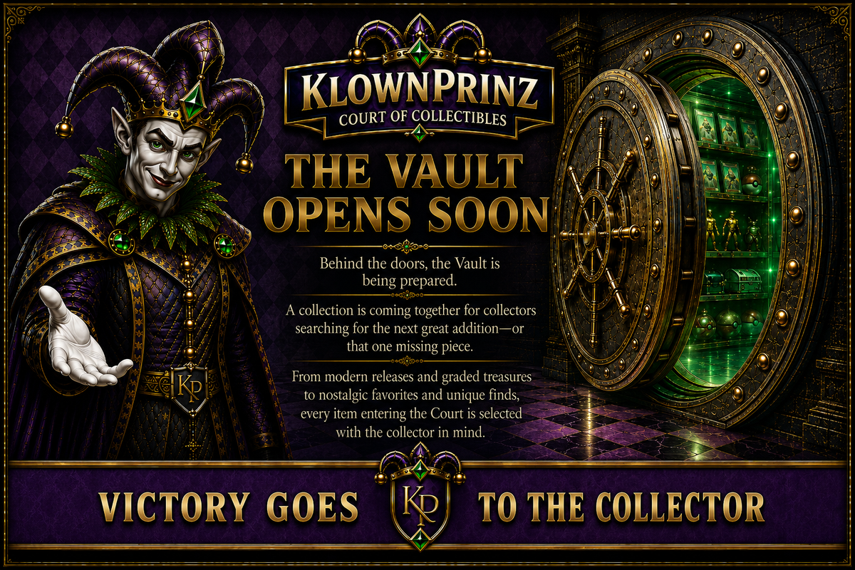 KlownPrinz Court of Collectibles opening soon banner featuring the Vault Jester beside a partially opened emerald-lit vault filled with collectible treasures.